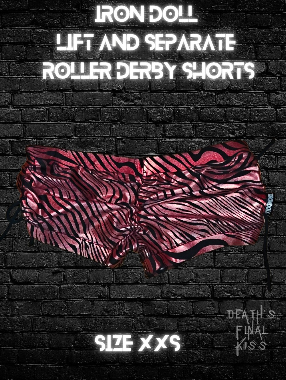 HTF Iron Doll lift & separate Roller Derby Ruched booty cheeky shorts XXS Zebra